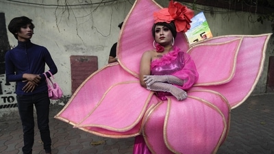 A pride walk participant dressed in a pink dress, with leaves cut outs attached. (AP) A pride walk participant dressed in a pink dress, with leaves cut outs attached. (AP)