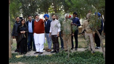 MC commissioner Shena Aggarwal, MC officials and MLA Ashok Prashar inspecting children’s park in Ludhiana on Monday. (HT PHOTO)