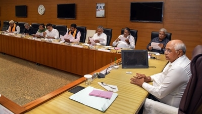Gujarat chief minister Bhupendra Patel chairs first cabinet meeting with the newly sworn-in ministers, in Gandhinagar on December 12,. (PTI) Gujarat chief minister Bhupendra Patel chairs first cabinet meeting with the newly sworn-in ministers, in Gandhinagar on December 12,. (PTI)