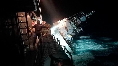 The Thai navy ship sunk in the Gulf of Thailand and ships and helicopters were working Monday to rescue sailors from the water. (Royal Thai Navy via AP)