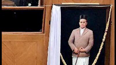 The portrait of VD Savarkar inside the assembly hall at the Suvarna Soudha, in Belagavi . (ANI) The portrait of VD Savarkar inside the assembly hall at the Suvarna Soudha, in Belagavi . (ANI)