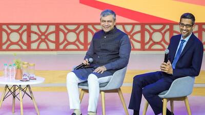 Union IT minister Ashwini Vaishnaw (left) shares stage with Google CEO Sundar Pichai (right) at the Google India event (Twitter/@sundarpichai) Union IT minister Ashwini Vaishnaw (left) shares stage with Google CEO Sundar Pichai (right) at the Google India event (Twitter/@sundarpichai)