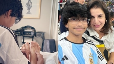 After Farah Khan treated her son Czar to the ‘best seats’ at the FIFA World Cup final on Sunday, she shared a photo of him pressing her feet. The mother-son duo supported Argentina during Sunday's match. (Instagram) After Farah Khan treated her son Czar to the ‘best seats’ at the FIFA World Cup final on Sunday, she shared a photo of him pressing her feet. The mother-son duo supported Argentina during Sunday's match. (Instagram)