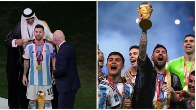 Lionel Messi presented with a black robe by the Emir of Qatar before being handed the trophy Lionel Messi presented with a black robe by the Emir of Qatar before being handed the trophy