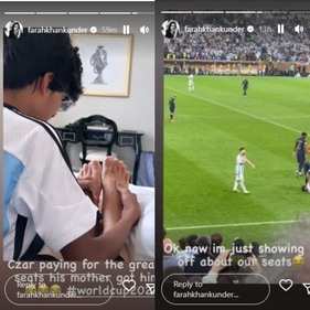 Farah shared a picture of Czar, in an Argentina jersey, massaging her feet as she sat on the bed. Farah shared a picture of Czar, in an Argentina jersey, massaging her feet as she sat on the bed.