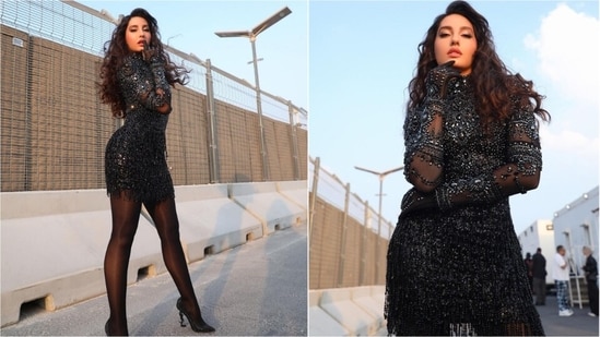 Nora Fatehi once again made jaws drop with her stellar performance at the closing ceremony of the FIFA World Cup 2022. For the occasion, she donned a dramatic black beaded bodycon dress. (Instagram/@norafatehi)