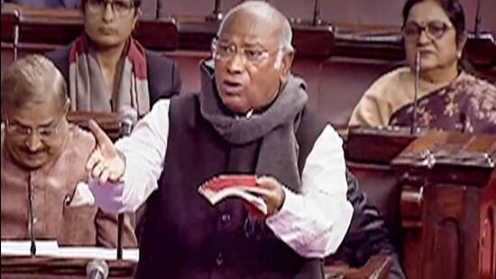 Congress MP Mallikarjun Kharge speaks in the Rajya Sabha during the ongoing Winter Session of Parliament on Monday (PTI)