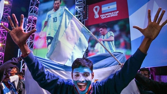 A fan of Argentina cheers in Kolkata while celebrating his team's victory in the final.(PTI)