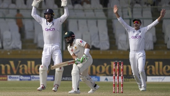 England appeal successfully for a caught behind against Mohammad Rizwan(AP)