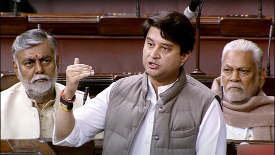 Union civil aviation minister Jyotiraditya Scindia speaks in the Rajya Sabha during the Winter Session of Parliament, on Monday. (ANI)