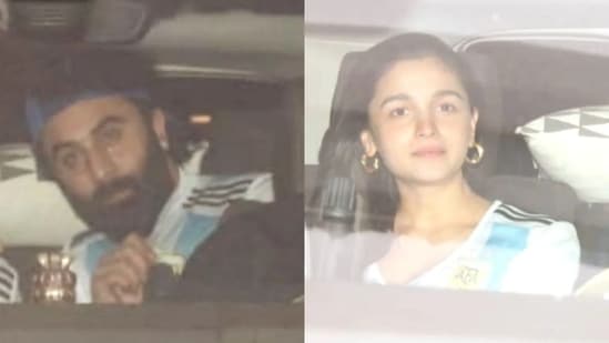 Ranbir Kapoor and Alia Bhatt step out in matching Argentina jerseys.