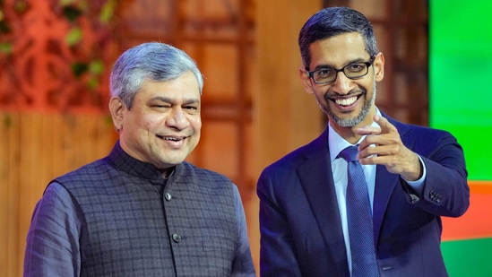 Union Minister for Electronics & Information Technology Ashwini Vaishnaw with Google CEO Sundar Pichai during the Google for India Summit 2022, at Pragati Maidan in New Delhi.(PTI) Union Minister for Electronics & Information Technology Ashwini Vaishnaw with Google CEO Sundar Pichai during the Google for India Summit 2022, at Pragati Maidan in New Delhi.(PTI)