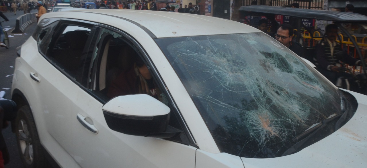 The damaged car on the Allahabad University premises.(HT photo) The damaged car on the Allahabad University premises.(HT photo)