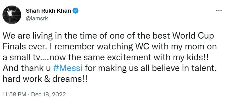 Shah Rukh Khan tweeted about the world cup final.