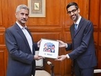 Sundar Pichai and Jaishankar seen together. (Twitter) Sundar Pichai and Jaishankar seen together. (Twitter)