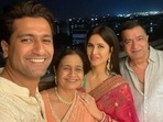 Katrina Kaif posed with her husband Vicky Kaushal and her in-laws Sham Kaushal and Veena Kaushal. Katrina Kaif posed with her husband Vicky Kaushal and her in-laws Sham Kaushal and Veena Kaushal.