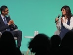 Twinkle Khanna with Sundar Pichai during an interview. 