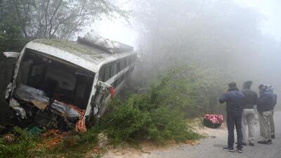 A damaged bus after an accident on the Yamuna Expressway in Greater Noida on Tuesday morning. (Sunil Ghosh/HT Photo) A damaged bus after an accident on the Yamuna Expressway in Greater Noida on Tuesday morning. (Sunil Ghosh/HT Photo)