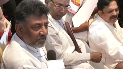 Karnataka Congress chief DK Shivakumar speaks to the media against the installation of a portrait of VD Savarkar in the Assembly hall on the first day of the winter session, in Belagavi on Monday. (ANI Photo)