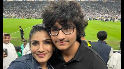 Actor Raveena Tandon watched the FIFA final live in Qatar with her son Ranbir. Actor Raveena Tandon watched the FIFA final live in Qatar with her son Ranbir.