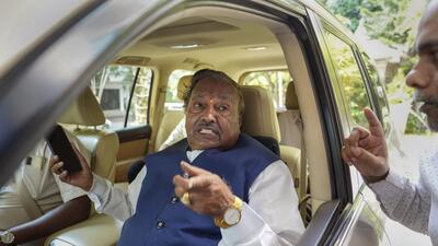 BJP Shivamogga MLA and former Karnataka minister KS Eshwarappa leaves after a press conference, in Bengaluru. (PTI)