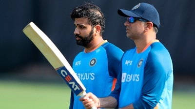 India's captain Rohit Sharma, left and coach Rahul Dravid (AP) India's captain Rohit Sharma, left and coach Rahul Dravid (AP)