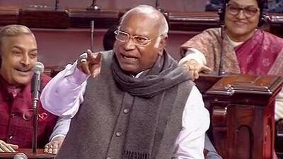 Congress leader Mallikarjun Kharge speaks in the Rajya Sabha during the ongoing Winter Session of Parliament on Tuesday (PTI) Congress leader Mallikarjun Kharge speaks in the Rajya Sabha during the ongoing Winter Session of Parliament on Tuesday (PTI)