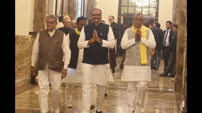 Deputy Chief Minster Brajesh Pathak, along with Om Prakash Rajbhar, on the way to attend the first day of the winter session of the UP assembly on December 05, 2022. (HT File)