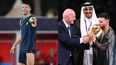Cristiano Ronaldo; Lionel Messi with FIFA World Cup trophy Cristiano Ronaldo; Lionel Messi with FIFA World Cup trophy