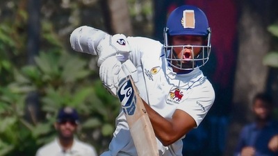 Yashasvi Jaiswal plays a shot during the Ranji Trophy match against Hyderabad (PTI) Yashasvi Jaiswal plays a shot during the Ranji Trophy match against Hyderabad (PTI)