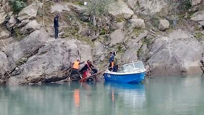 Search operation underway after a car skidded off the road and fell into the Chenab river in Doda district of Jammu and Kashmir, on Tuesday. Three members of a family are feared drowned. (ANI)