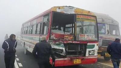 Vehicles collided with each other due to heavy fog on the Bulandshahr-Aligarh road on Tuesday. (PTI) Vehicles collided with each other due to heavy fog on the Bulandshahr-Aligarh road on Tuesday. (PTI)