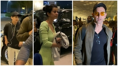Hrithik Roshan, his sons Hrehaan and Hredaan and girlfriend Saba Azad were seen at Mumbai airport early Tuesday. (Varinder Chawla) Hrithik Roshan, his sons Hrehaan and Hredaan and girlfriend Saba Azad were seen at Mumbai airport early Tuesday. (Varinder Chawla)