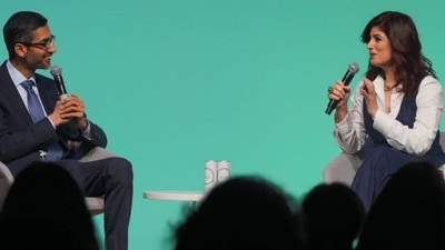 Twinkle Khanna with Sundar Pichai during an interview. Twinkle Khanna with Sundar Pichai during an interview.