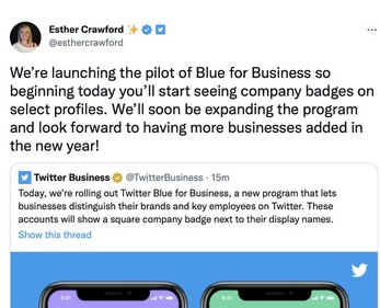 Esther Crawford's Twitter account Esther Crawford's Twitter account