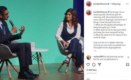 Twinkle Khanna interviews Sundar Pichai. Twinkle Khanna interviews Sundar Pichai.