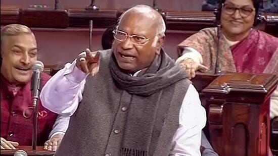 Congress leader Mallikarjun Kharge speaks in the Rajya Sabha during the ongoing Winter Session of Parliament on Tuesday (PTI)