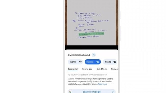A screenshot of Google's AI feature which can identify medicines in doctors' prescription. (Google)