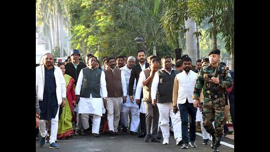 Jharkhand chief minister Hemant Soren with a delegation of MLAs comes out after meeting with Governor Ramesh Bais in Ranchi on Tuesday. (ANI) Jharkhand chief minister Hemant Soren with a delegation of MLAs comes out after meeting with Governor Ramesh Bais in Ranchi on Tuesday. (ANI)
