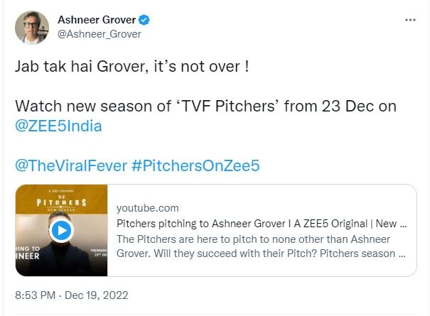 Ashneer also confirmed that he will be part of the web series by sharing the promo of Pitchers 2 on his Twitter account.