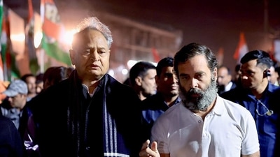 Congress leader Rahul Gandhi interacts with Rajasthan Chief Minister Ashok Gehlot while leading the party's Bharat Jodo Yatra at Khel Sankul, in Jhalawar, Rajasthan on Tuesday. (ANI Photo) (Congress Twitter) Congress leader Rahul Gandhi interacts with Rajasthan Chief Minister Ashok Gehlot while leading the party's Bharat Jodo Yatra at Khel Sankul, in Jhalawar, Rajasthan on Tuesday. (ANI Photo) (Congress Twitter)