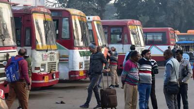UPSRTC buses parked at Prayagraj depot on Wednesday. (HT PHOTO) UPSRTC buses parked at Prayagraj depot on Wednesday. (HT PHOTO)