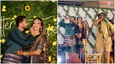Ismail Darbar, his son Zaid Darbar and Gauahar Khan at her mehendi function.