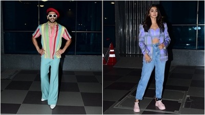 Ranveer Singh, Pooja Hegde deck up in bright colours for Cirkus promotions (HT Photos/Varinder Chawla) Ranveer Singh, Pooja Hegde deck up in bright colours for Cirkus promotions (HT Photos/Varinder Chawla)