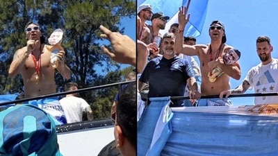 Team Argentina's Emiliano Martinez brought a baby toy with Kylian Mbappe's face at their victory parade (Twitter) Team Argentina's Emiliano Martinez brought a baby toy with Kylian Mbappe's face at their victory parade (Twitter)