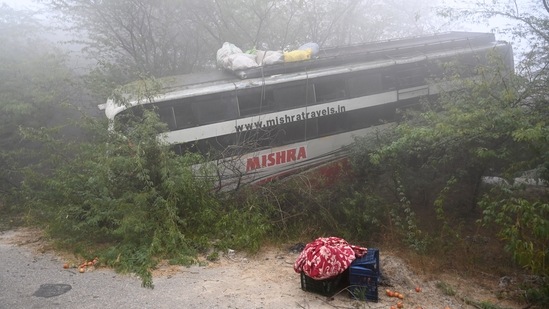A view of a damaged bus after it collided with a vehicle due to poor visibility on the Yamuna Expressway in Greater Noida on December 20. Cold wave conditions and dense fog over North West India have caused several accidents in the past two days due to poor visibility on the roads. The India Metoerological Department (IMD) issued an advisory on December 21 saying such conditions are likely to prevail over the Indo-Gangetic plains at least for the next two days, HT reported.(Sunil Ghosh / HT Photo)