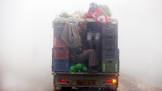 Vendors carrying vegetables in a pickup truck commute through dense fog on a cold winter morning, in Amritsar on December 19. Dense to very dense fog conditions were seen over most parts of Punjab, Haryana, Chandigarh, Delhi and some parts of Uttar Pradesh.(ANI )
