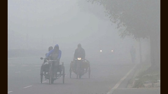 Commuters on their way amid heavy fog in Chandigarh on Tuesday morning. (Keshav Singh/HT) Commuters on their way amid heavy fog in Chandigarh on Tuesday morning. (Keshav Singh/HT)
