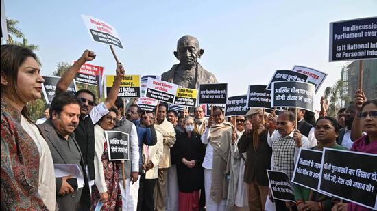Congress leader Sonia Gandhi during the protest on Parliament premises. (ANI) Congress leader Sonia Gandhi during the protest on Parliament premises. (ANI)