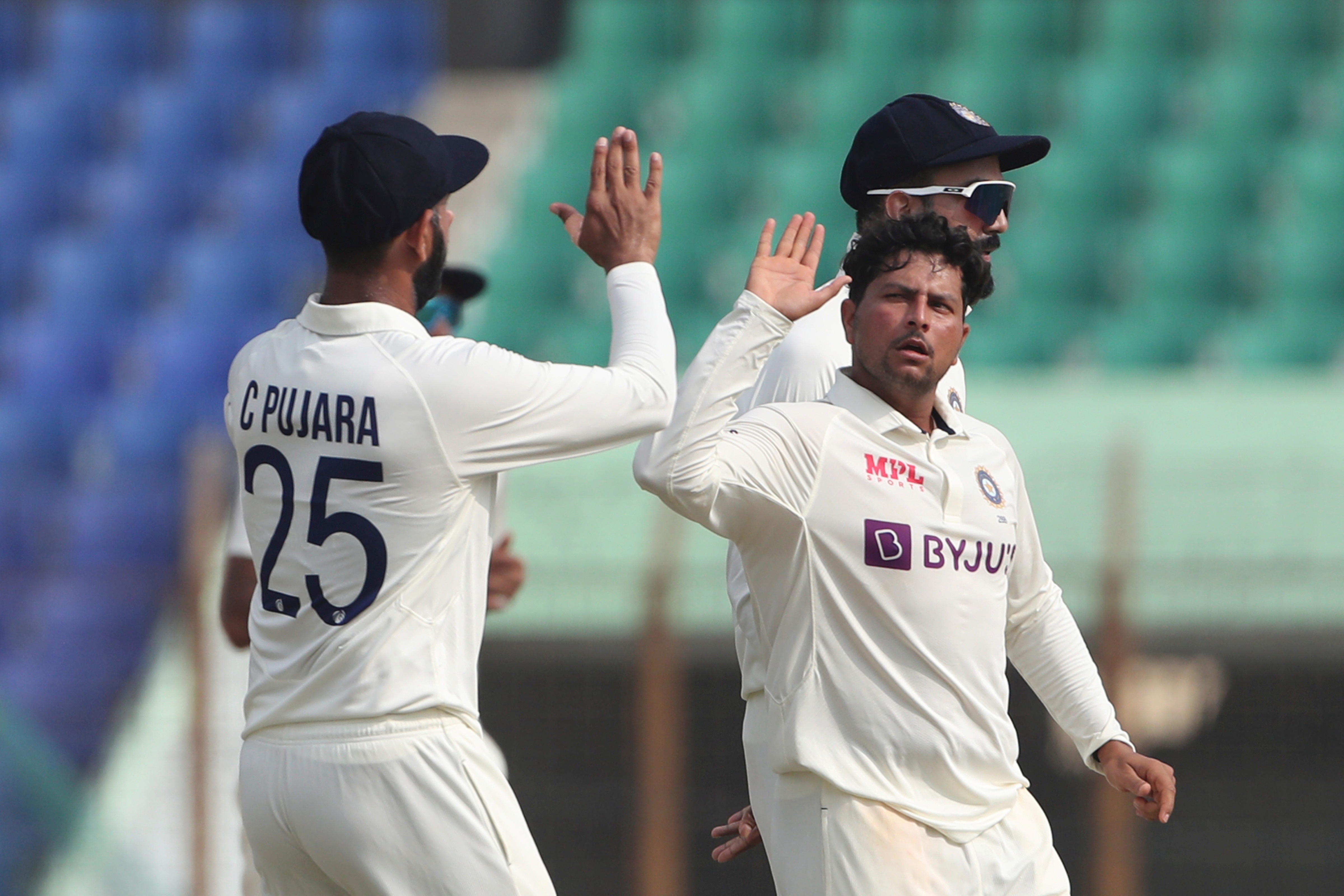 Kuldeep Yadav celebrates the wicket of Shakib Al Hasan during the 1st Test (AP)